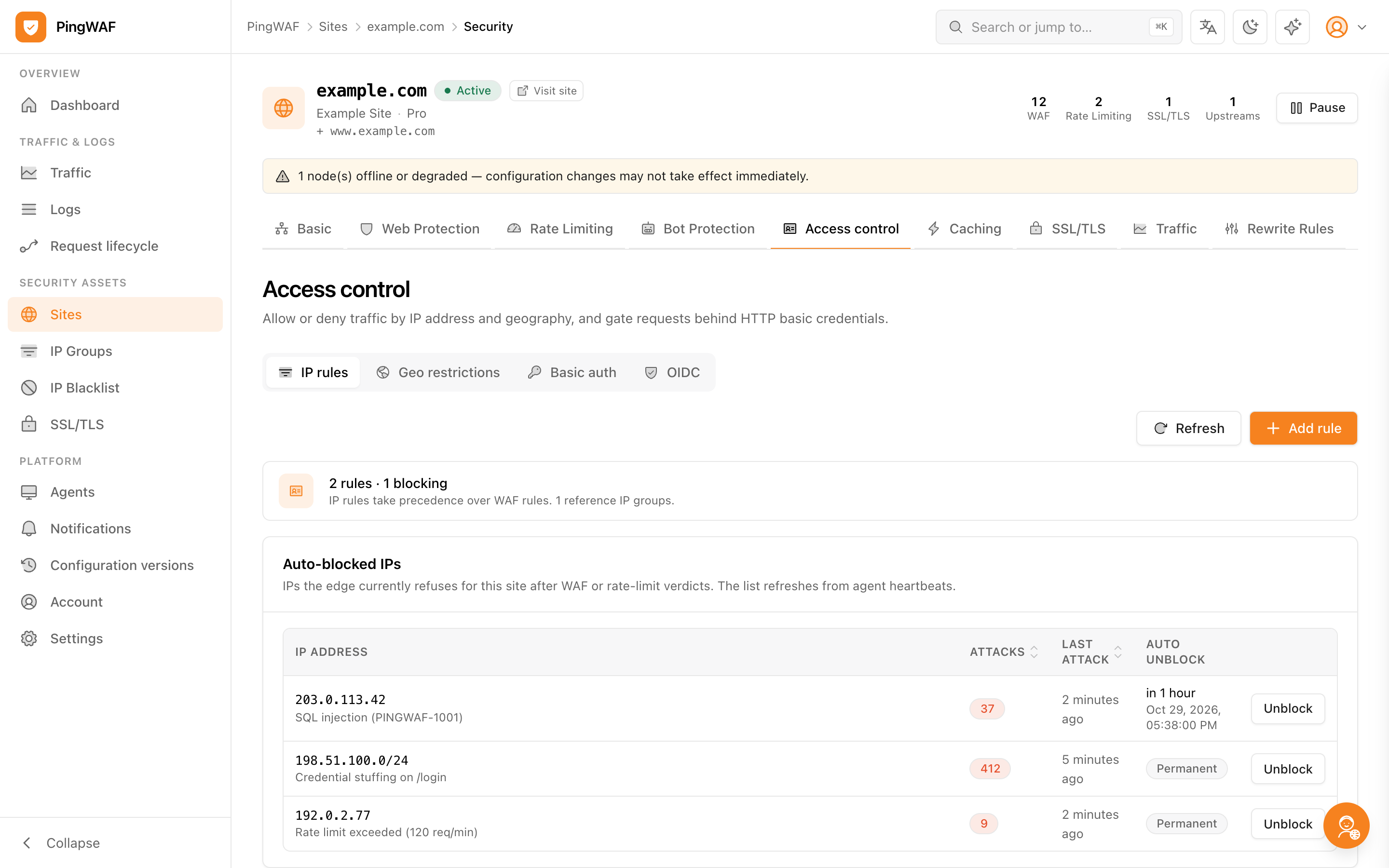Access control page with IP rules and geo restrictions