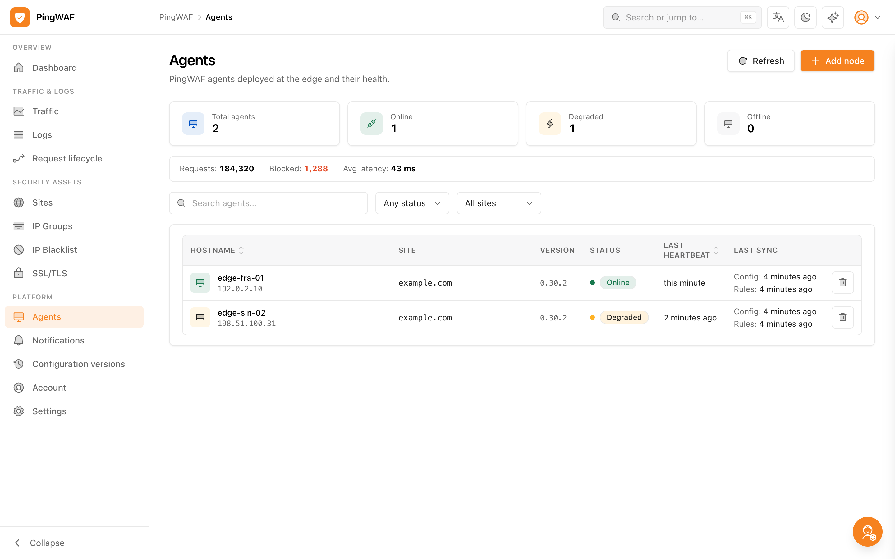 Agent fleet page listing enrolled edge agents and heartbeat state