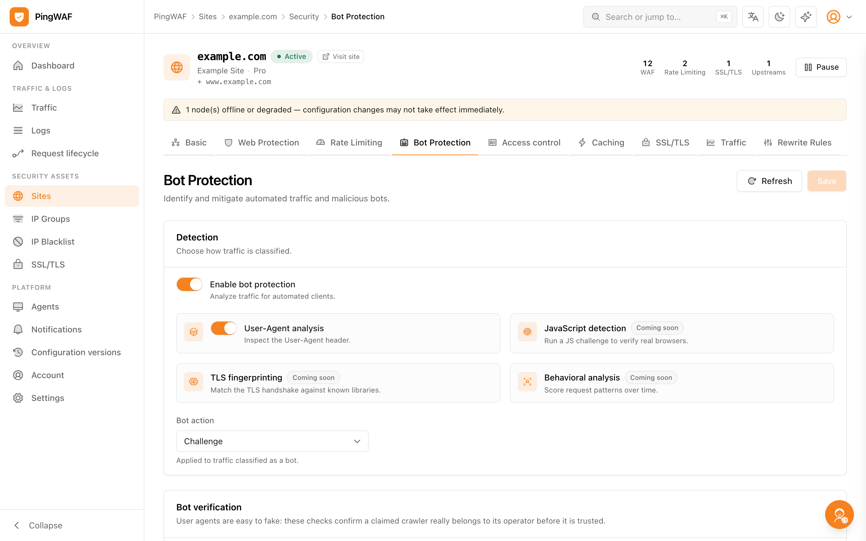 Bot protection settings in the PingWAF console
