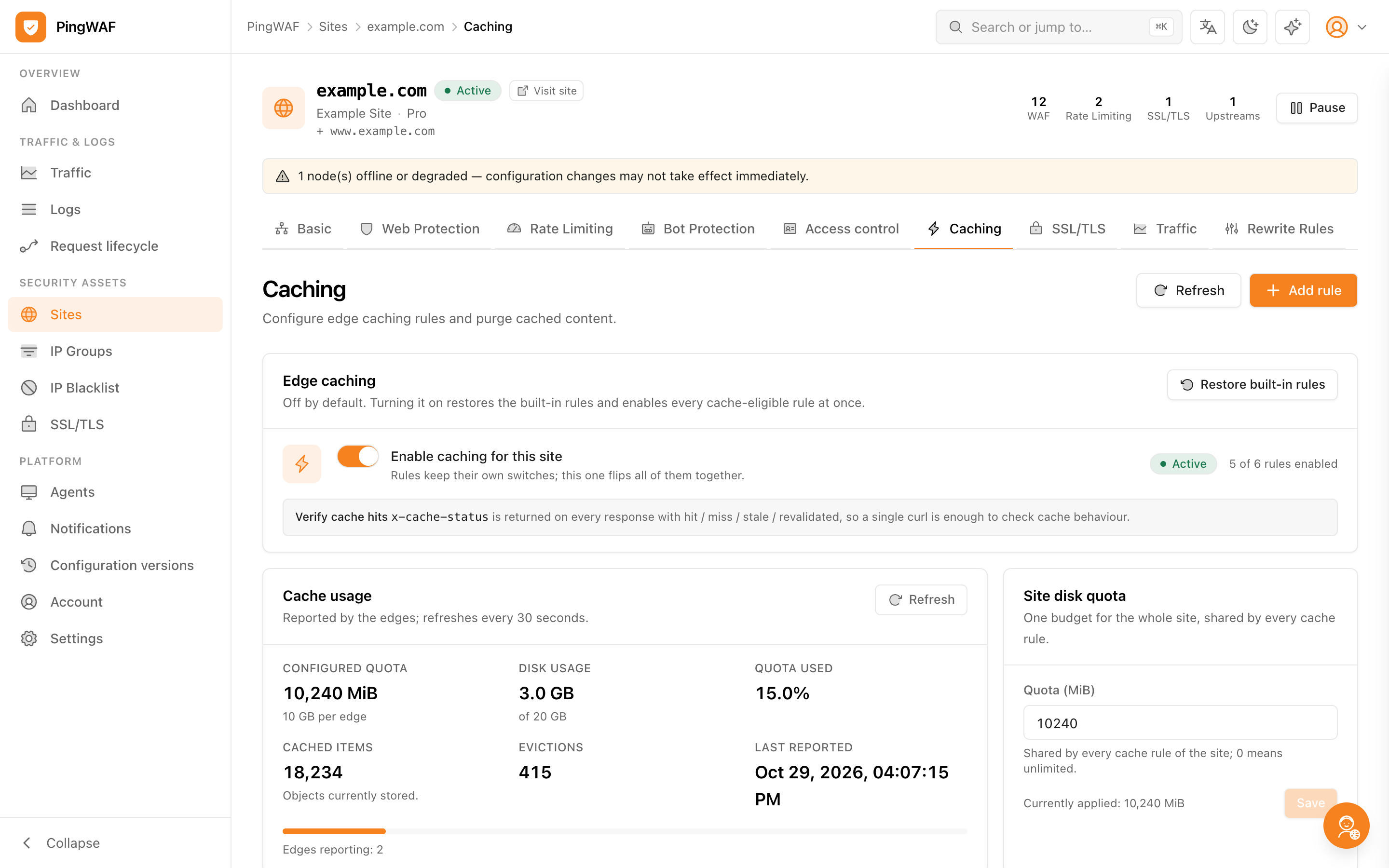 Edge caching configuration in the PingWAF console
