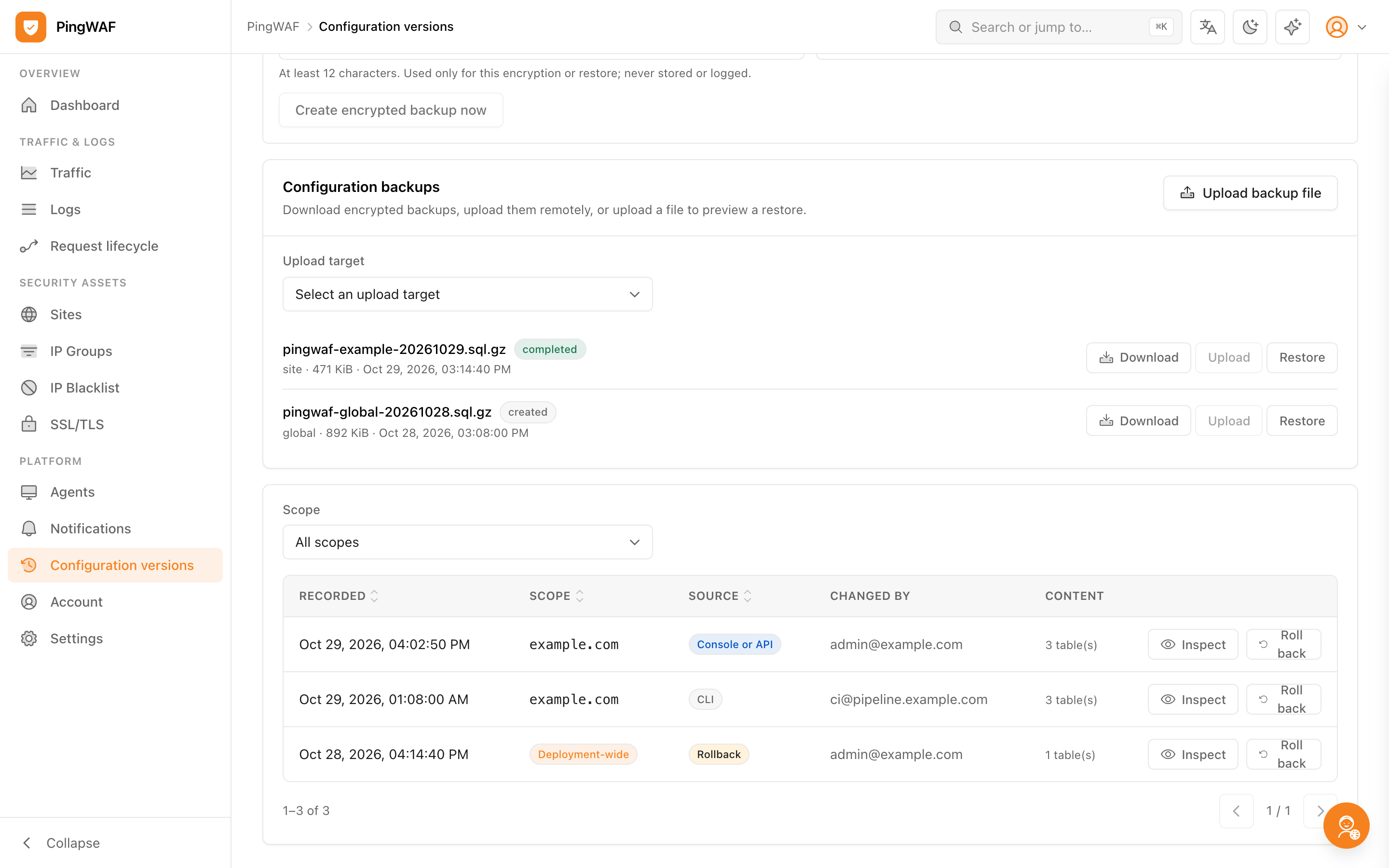 Configuration versions list with diffs and rollback actions
