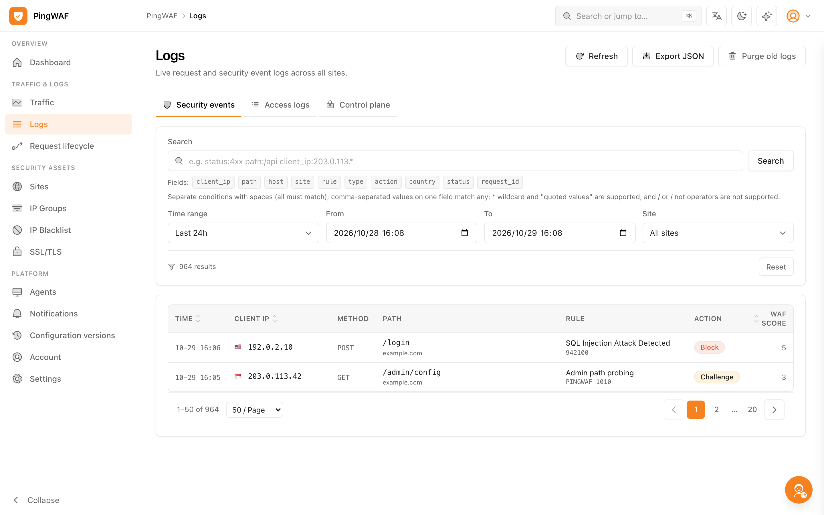 PingWAF request log list with verdicts and matched rules