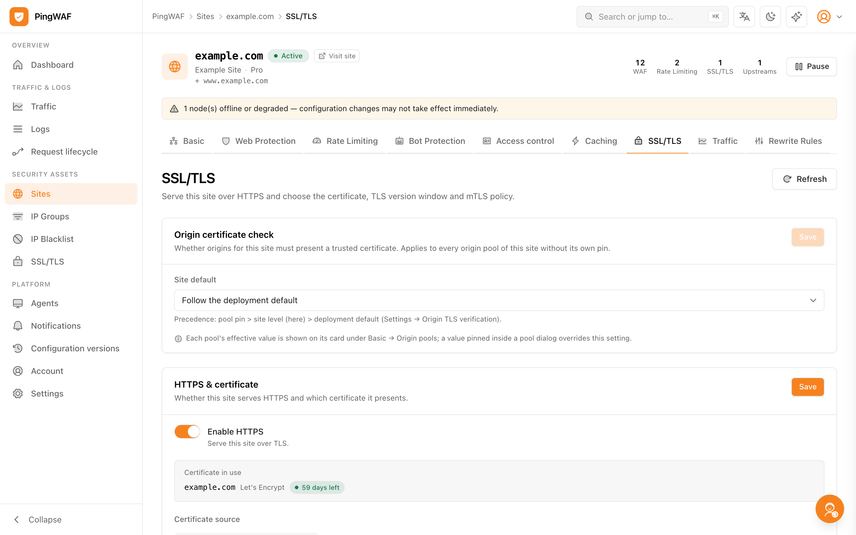 PingWAF site TLS page with certificate status and ACME events