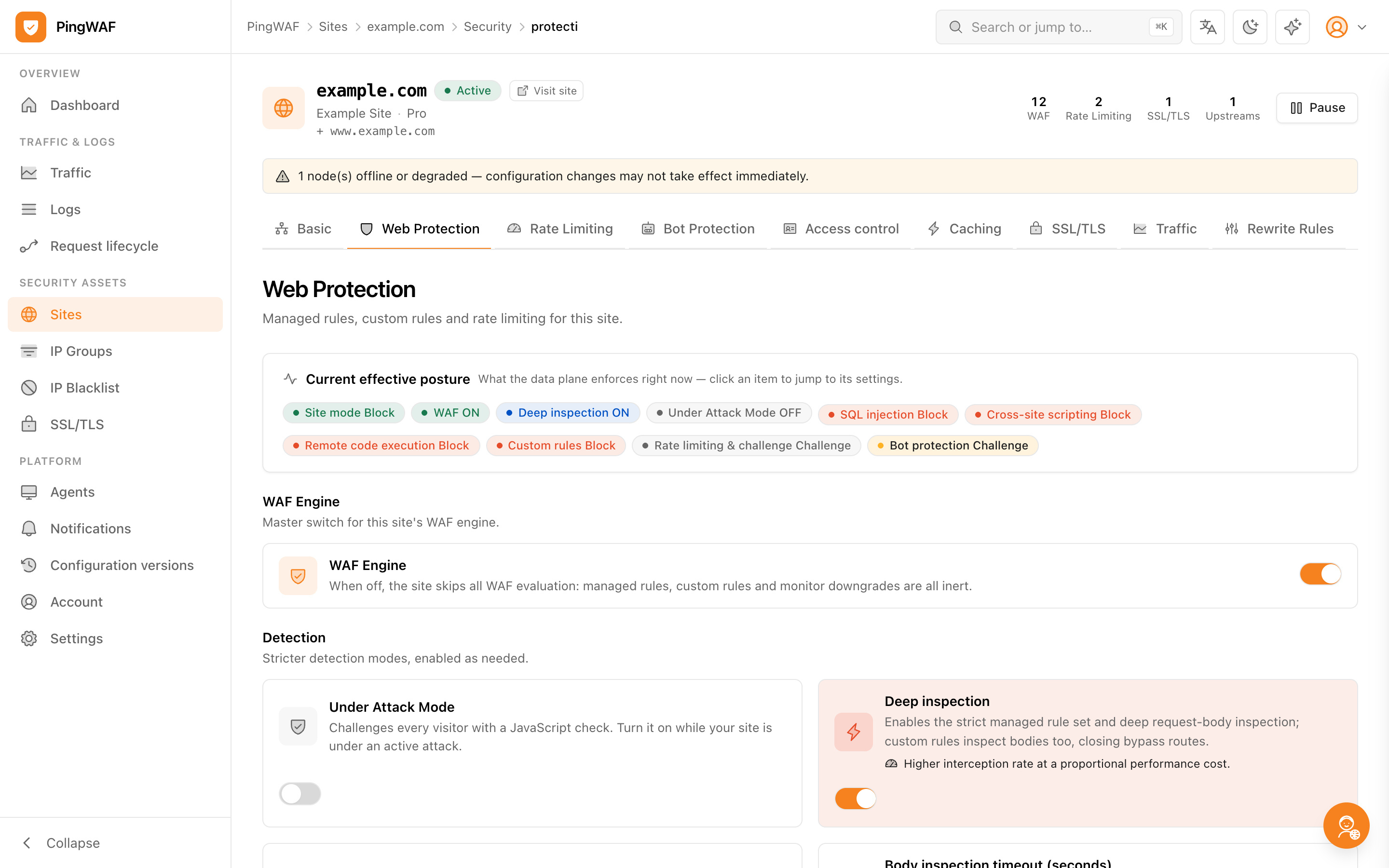PingWAF site protection page with WAF rule tabs and challenge settings
